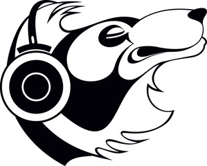 Bear head, headphones original illustration. Bear with headphones listens music original black on white illustration 