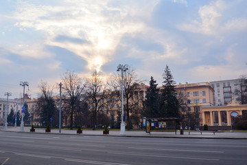 Minsk,Belarus - 29/03/2020:  Independence Avenue passing through Victory Square
