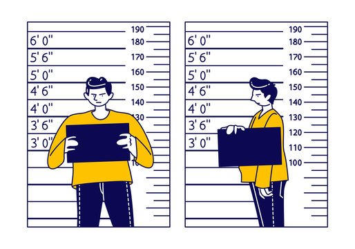 Criminal Male Character Stand on Measuring Scale Background with Mug Shot Plate in Hands in Police Station. Arrested Man Gangster Posing for Identification Mugshot Photo. Linear Vector Illustration