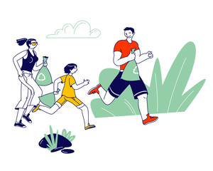 Characters Plogging. Young Man, Woman and Kid Pick Up Litter During Plogging in Nature. Family Collect Garbage while Running. Environment Friendly Ecological Concept. Linear People Vector Illustration