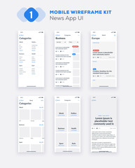 Wireframe UI kit for smartphone. Mobile App UX design. New OS X: news, categories, articles screens.