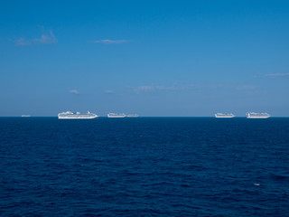 Bimini, Bahamas - March 28, 2020: cruise ships on quarantine COVID-19 at the ocean at sunny weather