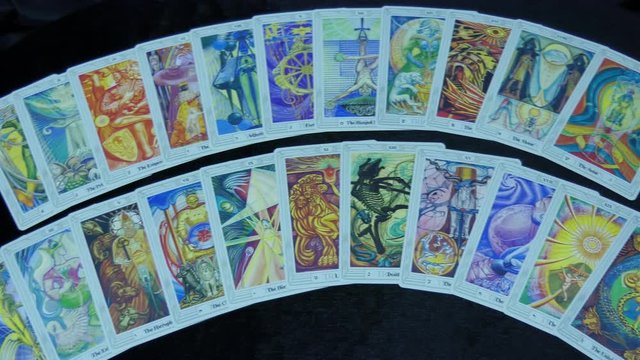 Thoth Tarot cards, divination cards, all major arcana. moving left to right 4k video