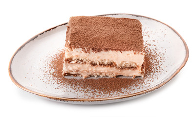 Plate with tasty tiramisu on white background