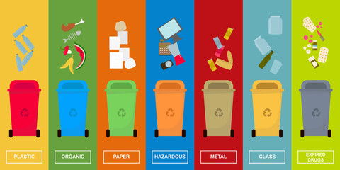 Separating trash. Different dustbins with various kinds of sorted garbage on color background, creative illustration