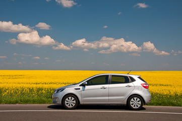 Obraz na płótnie Canvas KIEV, UKRAINE-JULY 4, 2016: Kia Rio parked on the road near the field. Automotive photography. Space for text. Nature background with car. Landscape with car. Spring field and car.