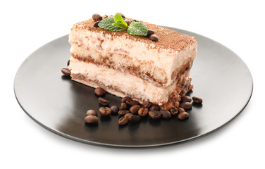Plate with tasty tiramisu on white background