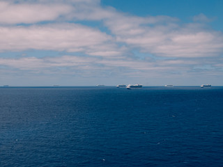 Bimini, Bahamas - March 28, 2020: cruise ships on quarantine COVID-19 at the ocean at sunny weather