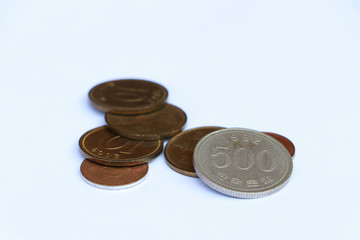 Heap of South Korea won coin money on the white background. Concept of finance.