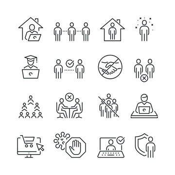 Social Distancing Related Icons: Thin Vector Icon Set, Black And White Kit