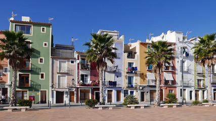 Colorful homes in coastal village of Villajoyosa, southern Spain