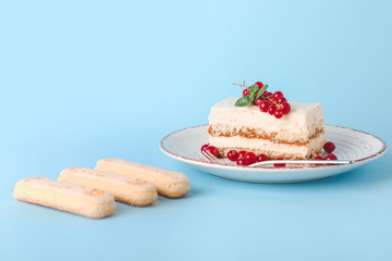 Plate with tasty tiramisu on color background