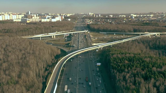 Aerial view of big highway interchange of Leninsky Prospekt and Moscow Ring Road, Russia