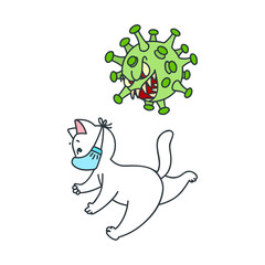 Coronavirus alert. Virus attack. Illustration of a funny cat getting away from evil virus. Vector 8 EPS.