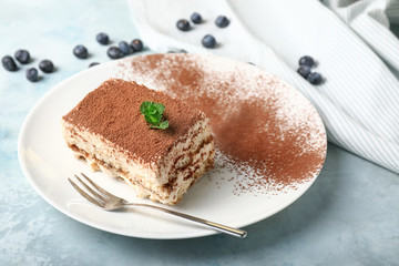 Plate with tasty tiramisu on color background