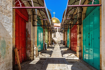 Colorful doors at bazaar in Old City of Jerusalem, Israel.