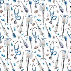 Watercolor seamless pattern of medical supplies used to help and treat patients. Suitable for healthcare related products. Includes: pills, syringe, thermometer, stethoscope, dropper, pipette. 
