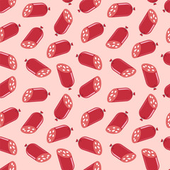  Sausage pattern. Illustration of sausages drawn in flat style on a light brown background. Vector 8 EPS.