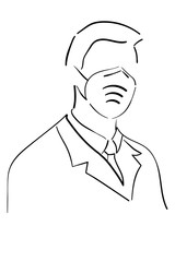 Line art. Black and white outline silhouette of a doctor in protective mask on the white background. Template for background, banner, poster. Vector EPS10 illustration.