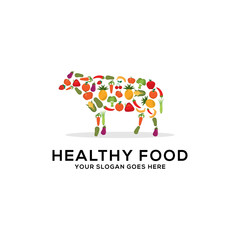 Healthy food logo design vector, fresh fruits and vegetables drawing cow abstract illustration