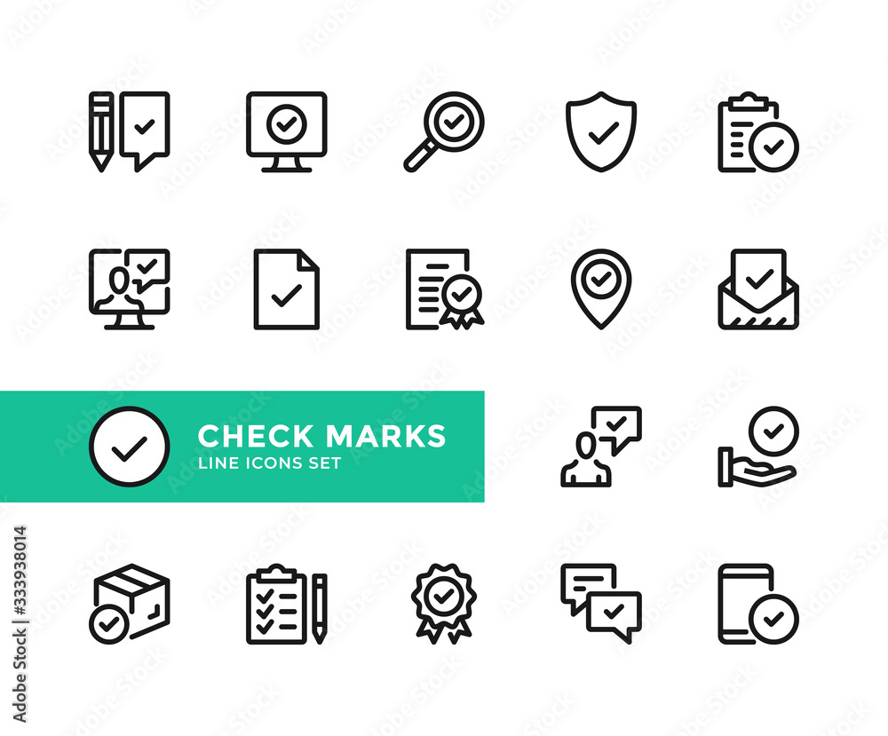 Poster check marks vector line icons. simple set of outline symbols, graphic design elements. pixel perfect