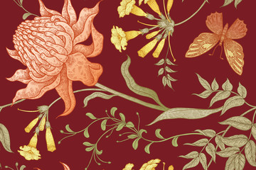 Exotische Blumen und Schmetterlinge. Nahtloses Vektor-Blumenmuster im Stil Vintage-Luxus-Stoffe. Ungewöhnliche farbige Kunstillustration für die Herstellung von Textilien, Papier, Vorhängen, Kleidung, Handyhüllen © marinavorona