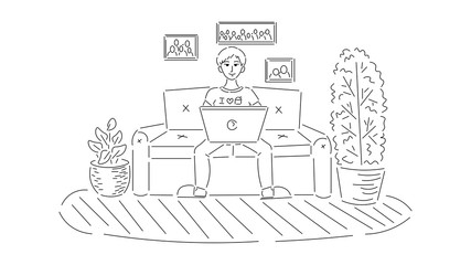 A man works at home behind a laptop on a sofa, contour drawing of black color isolated on a white background