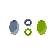 Set of black and green olives on white background.