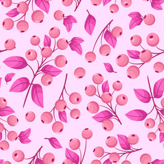 Vector seamless pattern with pink berries; cute berry twigs for fabric, wallpaper, wrapping paper, textile, web design.