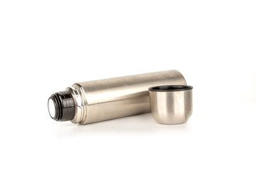 Silver thermos isolated on a white background.