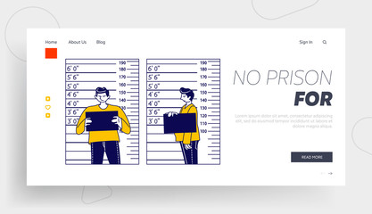 Obraz na płótnie Canvas Arrested Man Posing for Identification Mugshot Photo Landing Page Template. Criminal Male Character Stand on Measuring Scale with Mug Shot Plate in Police Station. Linear People Vector Illustration