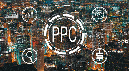 PPC - Pay per click concept with downtown Chicago cityscape skyscrapers