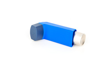 Blue Asthma inhaler isolated on a white background. Disease concept.
