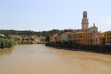 Verona - Adige panorama and rafts on the Adige.