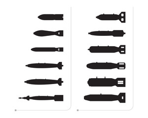 The set of black silhouettes of aerial bombs is isolated on a white background. The set has different forms and sizes. Vector, eps 10.