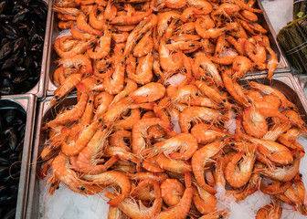 Prawns on sale at the Bastille weekend market, Paris, France