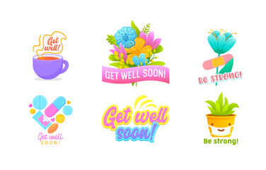 Get Well Soon and Be Strong Icons or Banners Set Isolated on White Background. Cute Potted Plant in Medical Mask, Cup with Hot Drink, Medicine Drugs, Flowers. Cartoon Vector Illustration, Clip Art