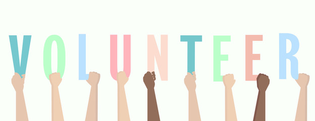 Unity for nature protection. Illustration with multiethnic people holding letters of word VOLUNTEER on white background