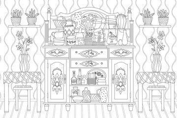 Obraz premium cozy kitchen with ornate vintage cupboard, tables, wall shelves,