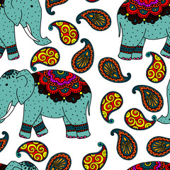 seamless pattern in bright colors, Indian ornaments and elephants, wallpaper, wrapping paper