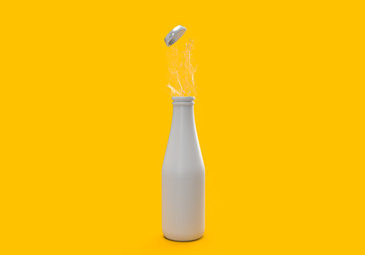 3d rendering of white bottle and lid with water splash on yellow background. 3d bottle are opening mock up concept for brand beverage