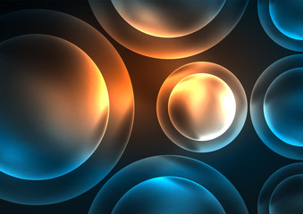 Glowing neon shiny transparent bubbles, glass circles or bio cell concept. Techno futuristic vector abstract background For Wallpaper, Banner, Background, Card, Book Illustration, landing page