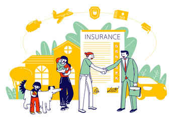 Property, Life and Health Insurance. Family Characters Sign Policy Paper for Guarantee and Money Compensation. Home, Travel Protection, Agent Handshake with Client. Linear People Vector Illustration