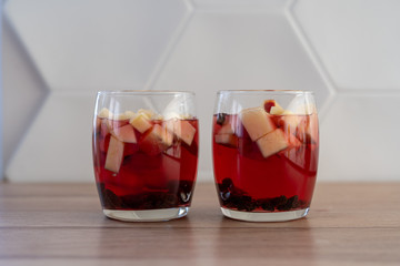 Homemade jelly with fruit in a glass