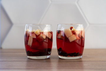 Homemade jelly with fruit in a glass