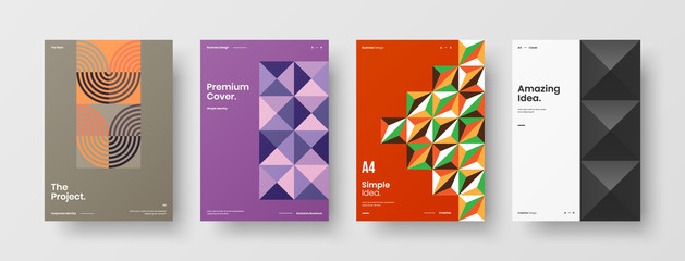 Obraz premium Business presentation vector A4 vertical orientation front page mock up set. Corporate report cover abstract geometric illustration design layout bundle. Company identity brochure template collection.