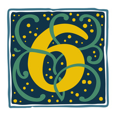 Number six renaissance logo with gold dots and green leaves pattern.