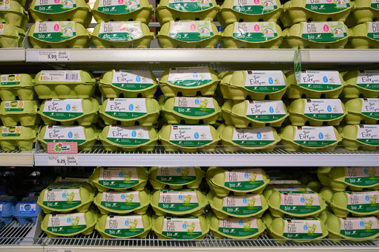 ZURICH, SWITZERLAND - CIRCA OCTOBER, 2018: chocken eggs on display at Coop grocery store in Zurich.