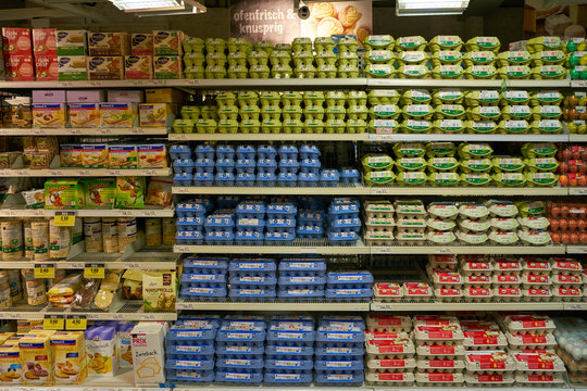 ZURICH, SWITZERLAND - CIRCA OCTOBER, 2018: chocken eggs on display at Coop grocery store in Zurich.