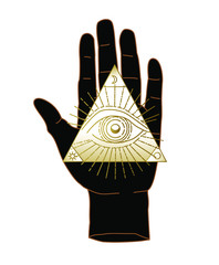 The Hand of the Philosopher, Palm with The Eye of Providence. Vector illustration for tattoo design or fashion print in simple line art style.